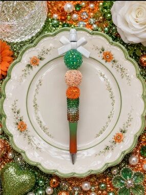 Handmade Crystal Beaded Green & Orange Decorative Ballpoint Pen